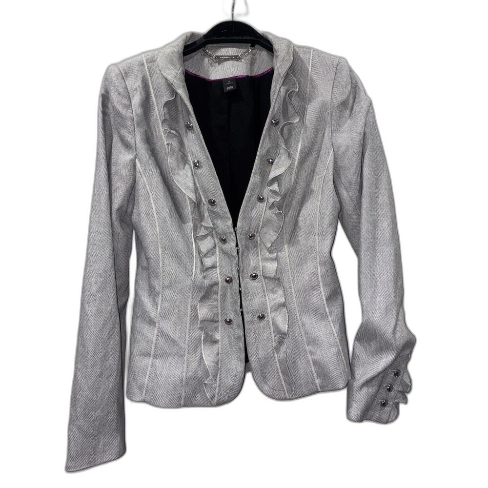 WHBM Ruffle Front Blazer Gray Herringbone Peplum Jacket Women’s 0 Military Style